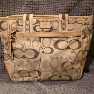 Coach Signature Jacquard Tote Bag | Beige Tan Leather Trim Zip Top Shoulder Bag